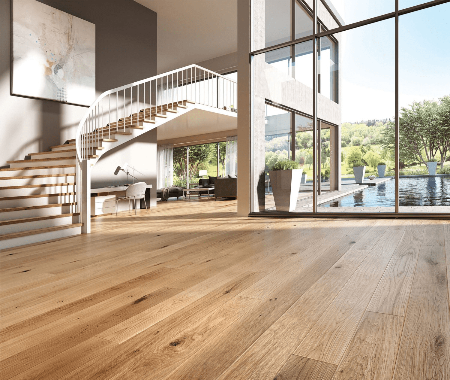 Modern living room with parquet flooring and stylish furniture